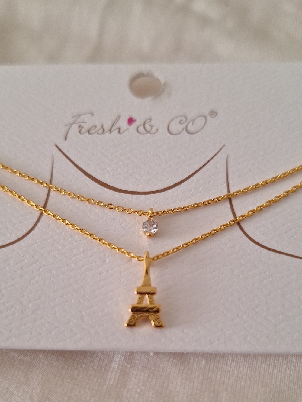 Gold Eiffel Tower Layered Necklace with Clear Cz Stone